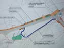 A Tipperary County Council engineering diagram showing the proposed improvements to Carrigahorig, including new footpaths, new bus stops, new pedestrian crossings, and a junction realignment to reduce traffic speeds. The diagram is two years old and the work still hasn't started.