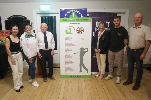 Kidney transplant recipients Michelle Barry and Sheila Gregan (left) and Matthew Holland and John Mounsey (right) with Michael Fitzsimons, Nenagh Irish Kidney Association Committee and Diana Austin, Ladies’ Captain, Nenagh Golf Club