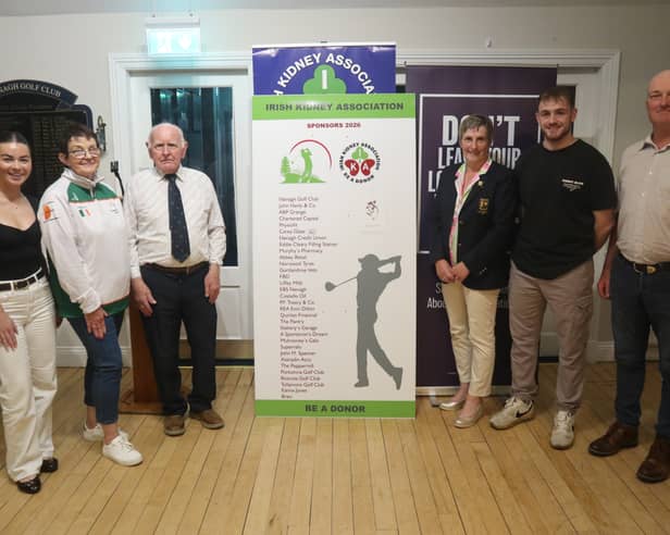 Kidney transplant recipients Michelle Barry and Sheila Gregan (left) and Matthew Holland and John Mounsey (right) with Michael Fitzsimons, Nenagh Irish Kidney Association Committee and Diana Austin, Ladies’ Captain, Nenagh Golf Club
