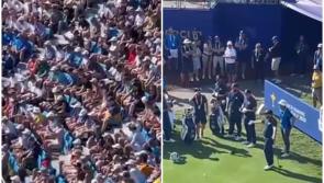 WATCH: Crowd sings Ol&eacute;, Ol&eacute;, Ol&eacute; as Shane Lowry tees off for Ryder Cup practice 