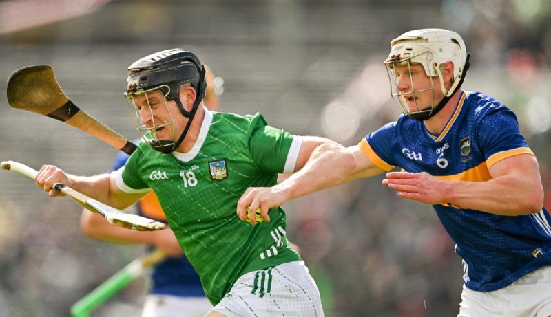 Peter Casey of Limerick in action against Bryan O'Mara of Tipperary during the Munster GAA Hurling Senior Championship Round 2 match.